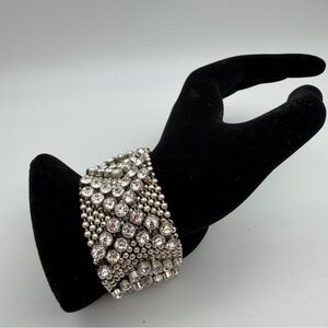 Vintage Liquid Metal Mesh Silver Chrome Tone Bracelet Rhinestone Wide Snap